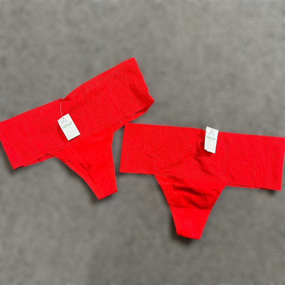 2 Aerie Thong Panties Small Womens Red Cotton Cable Lace Undie Underwear Cheeky